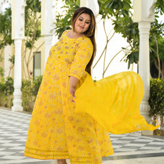 Elegant Yellow Cotton Embroidered Anarkali With Dupatta Set (Plus Size)