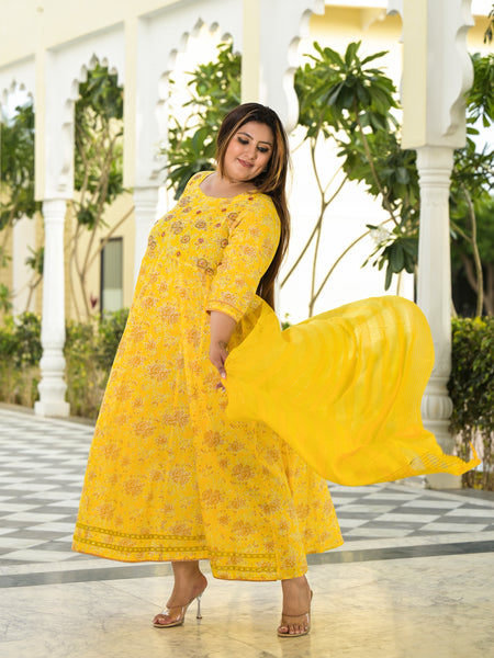 Elegant Yellow Cotton Embroidered Anarkali With Dupatta Set (Plus Size)