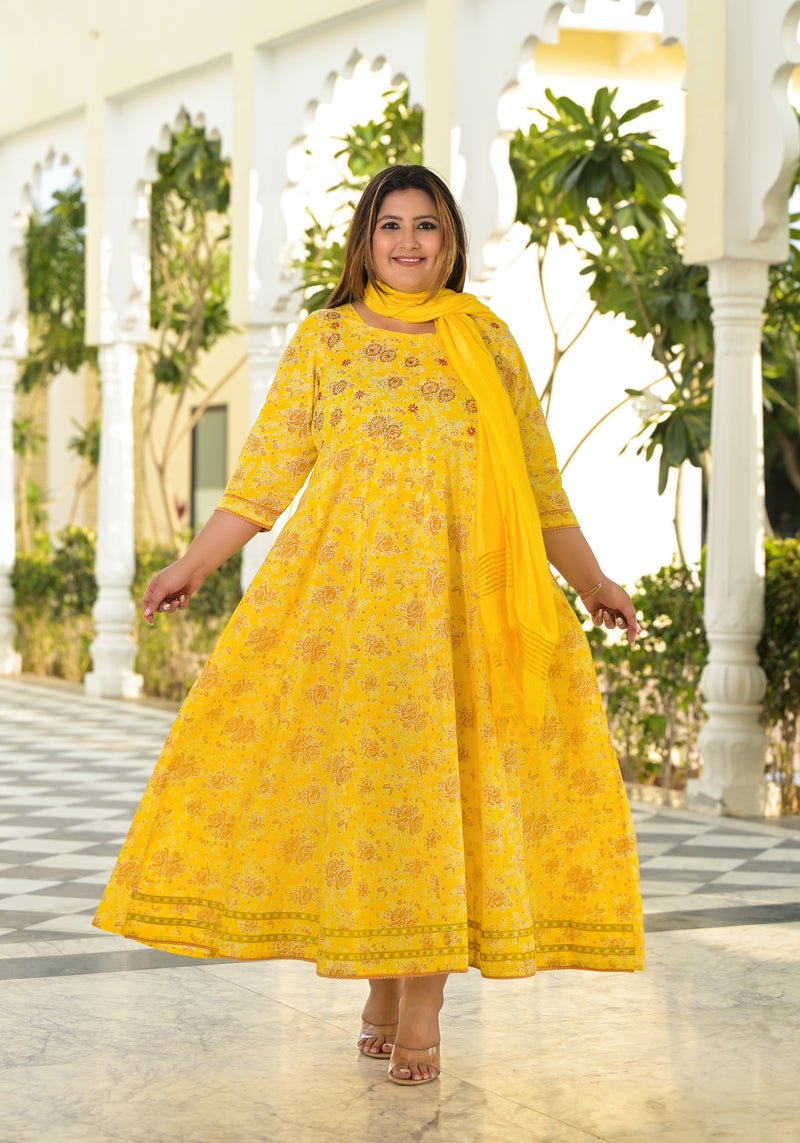 Yellow Cotton Embroidered Anarkali With Dupatta Set (Plus Size)