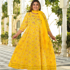 Yellow Cotton Embroidered Anarkali With Dupatta Set (Plus Size)