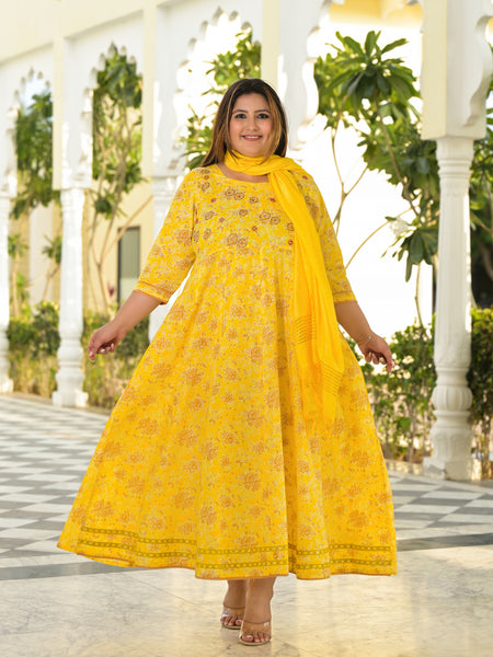 Yellow Cotton Embroidered Anarkali With Dupatta Set (Plus Size)