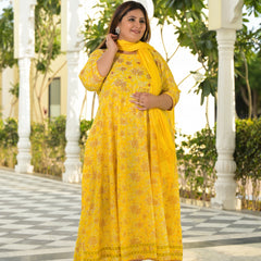 Yellow Cotton Embroidered Anarkali With Dupatta Set (Plus Size)