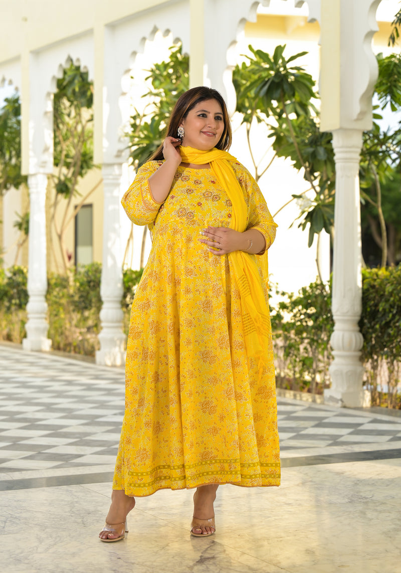 Elegant Yellow Cotton Embroidered Anarkali With Dupatta Set (Plus Size)