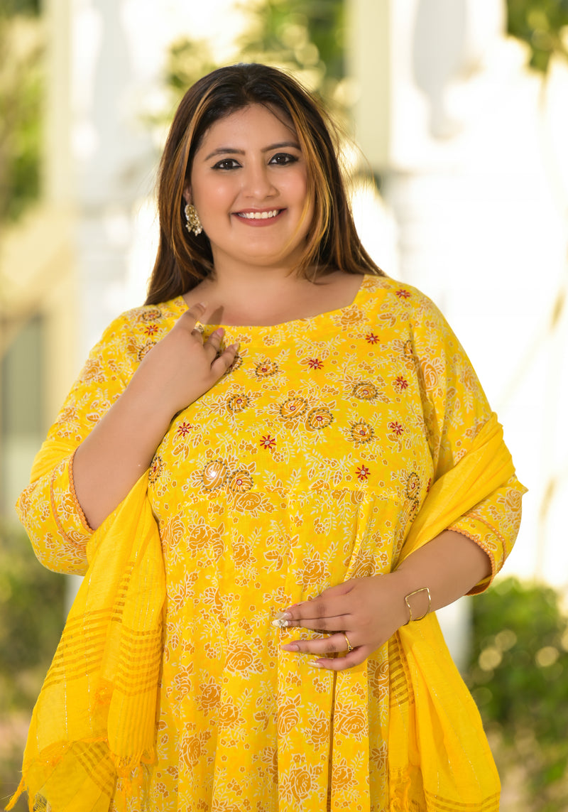 Yellow Cotton Embroidered Anarkali With Dupatta Set (Plus Size)