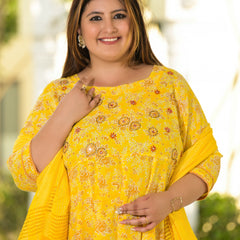 Yellow Cotton Embroidered Anarkali With Dupatta Set (Plus Size)