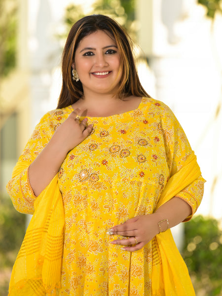 Elegant Yellow Cotton Embroidered Anarkali With Dupatta Set (Plus Size)