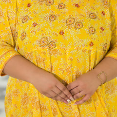 Yellow Cotton Embroidered Anarkali With Dupatta Set (Plus Size)