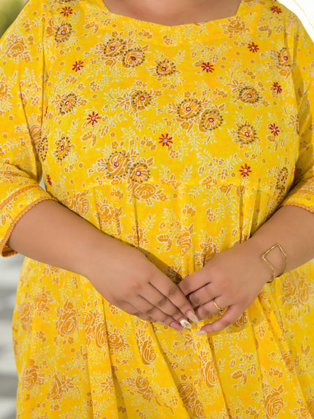 Yellow Cotton Embroidered Anarkali With Dupatta Set (Plus Size)