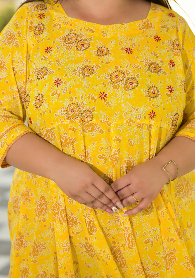 Elegant Yellow Cotton Embroidered Anarkali With Dupatta Set (Plus Size)