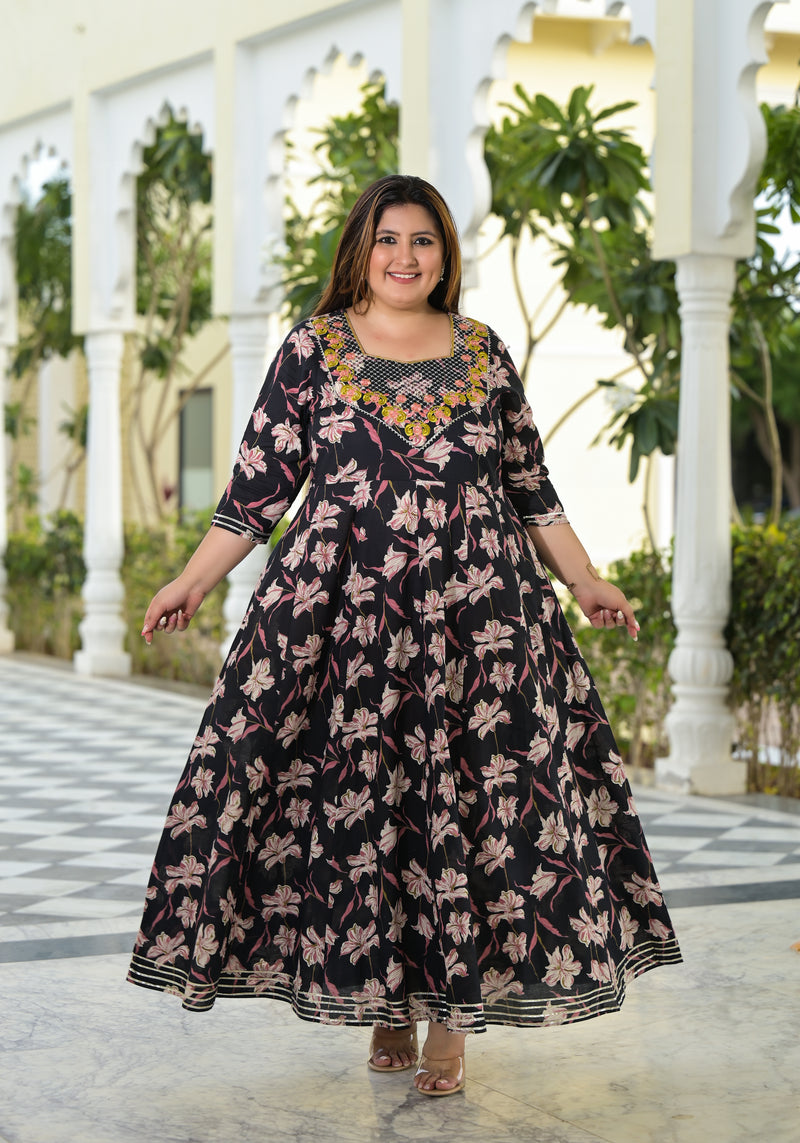 Black Cotton Embroidered Anarkali With Dupatta Set (Plus Size)