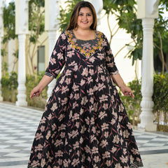 Black Cotton Embroidered Anarkali With Dupatta Set (Plus Size)