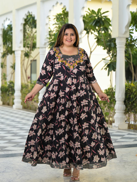 Elegant Black Cotton Embroidered Anarkali With Dupatta Set (Plus Size)