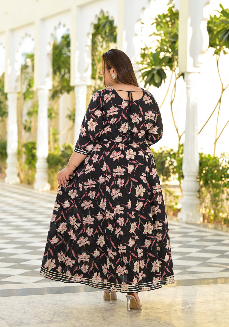 Elegant Black Cotton Embroidered Anarkali With Dupatta Set (Plus Size)