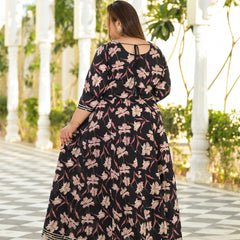 Elegant Black Cotton Embroidered Anarkali With Dupatta Set (Plus Size)