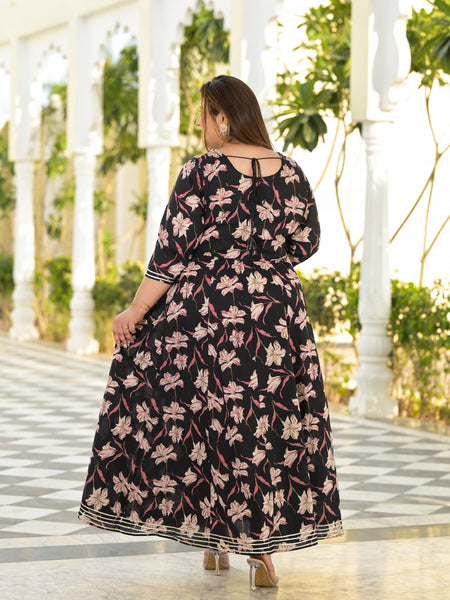 Elegant Black Cotton Embroidered Anarkali With Dupatta Set (Plus Size)