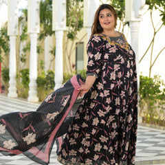 Black Cotton Embroidered Anarkali With Dupatta Set (Plus Size)