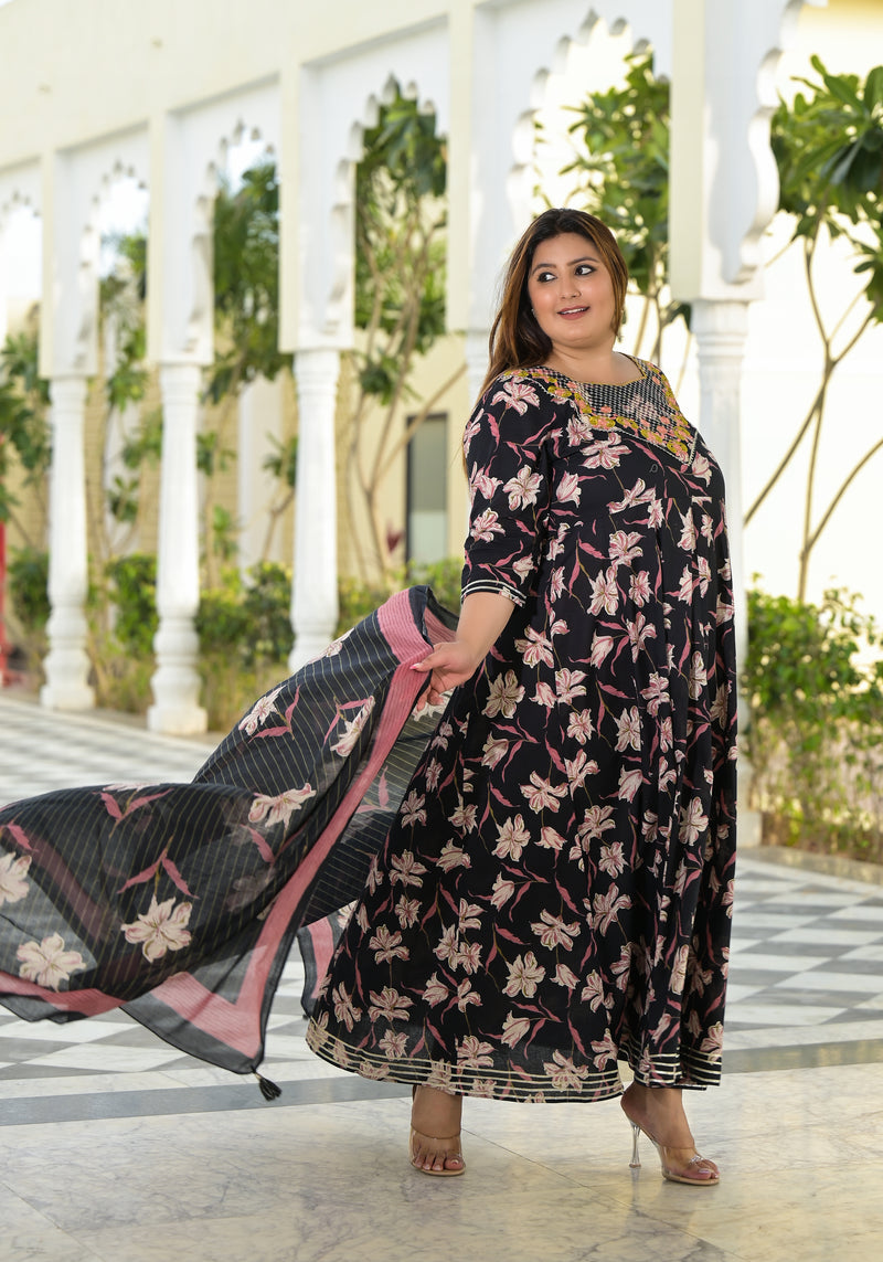 Elegant Black Cotton Embroidered Anarkali With Dupatta Set (Plus Size)