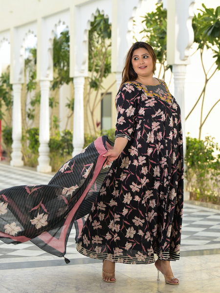 Elegant Black Cotton Embroidered Anarkali With Dupatta Set (Plus Size)