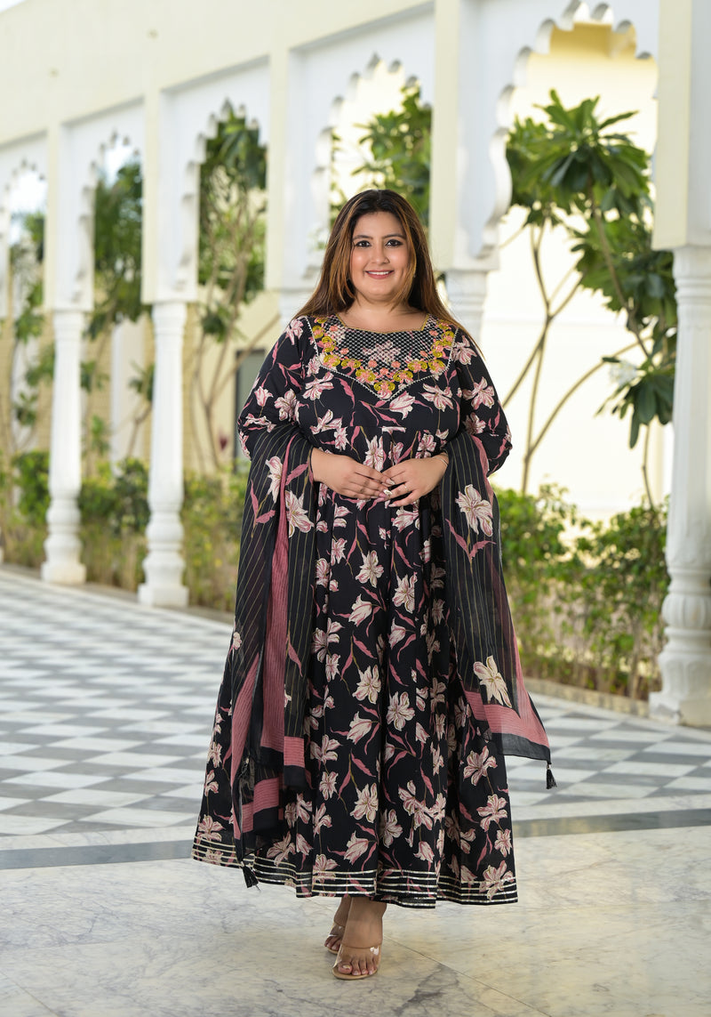 Black Cotton Embroidered Anarkali With Dupatta Set (Plus Size)