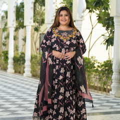 Elegant Black Cotton Embroidered Anarkali With Dupatta Set (Plus Size)