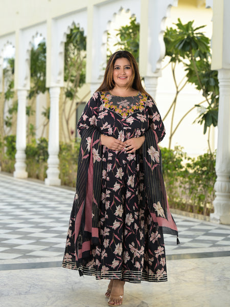 Elegant Black Cotton Embroidered Anarkali With Dupatta Set (Plus Size)