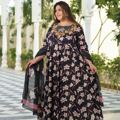 Black Cotton Embroidered Anarkali With Dupatta Set (Plus Size)
