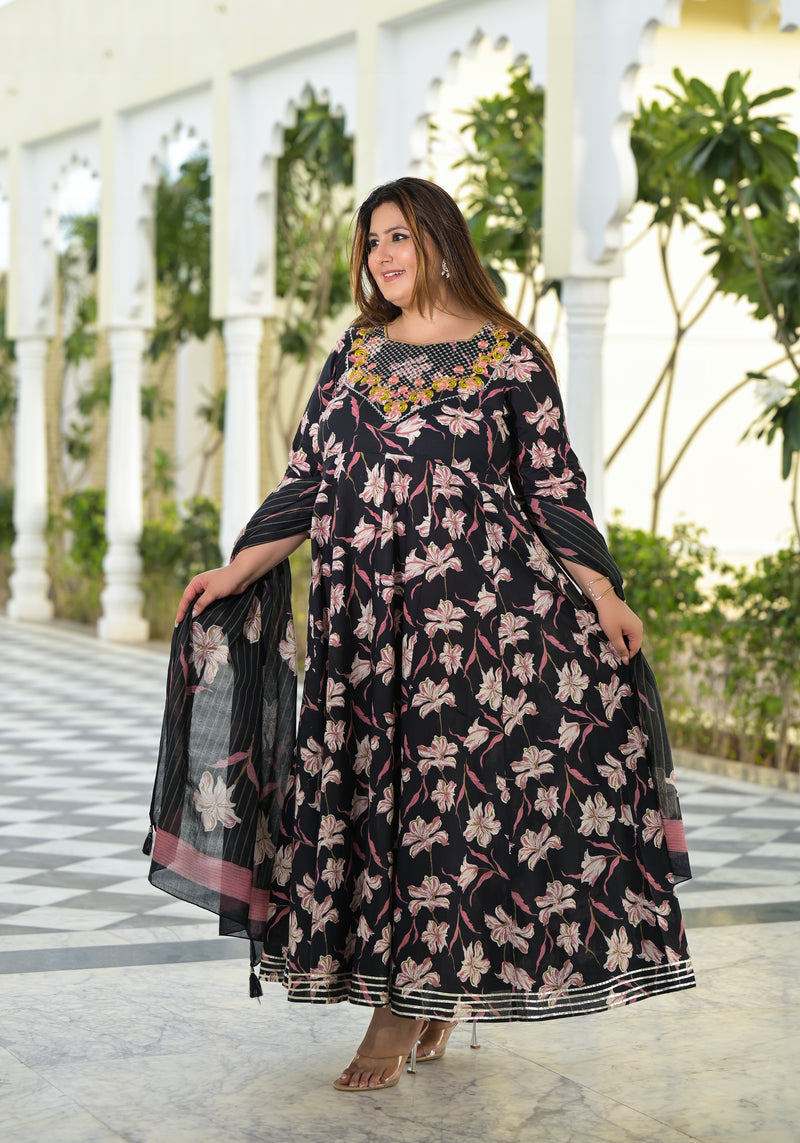 Elegant Black Cotton Embroidered Anarkali With Dupatta Set (Plus Size)