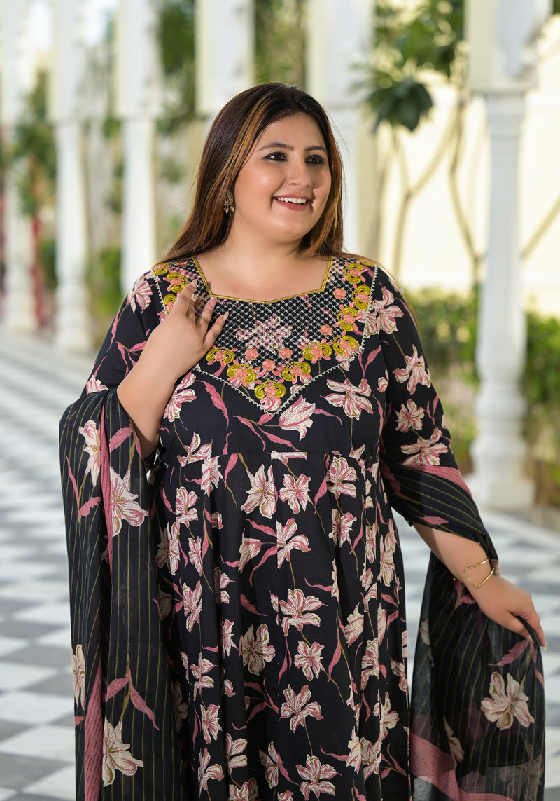 Black Cotton Embroidered Anarkali With Dupatta Set (Plus Size)