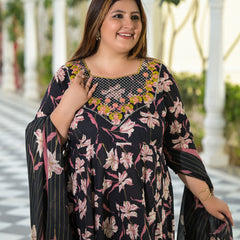 Black Cotton Embroidered Anarkali With Dupatta Set (Plus Size)