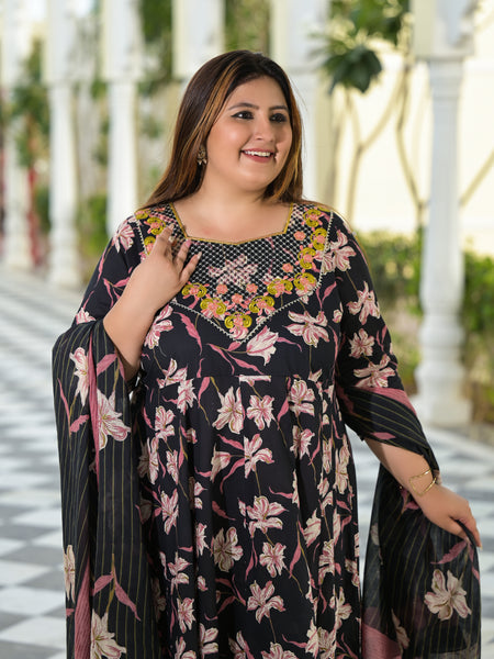 Black Cotton Embroidered Anarkali With Dupatta Set (Plus Size)