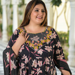 Black Cotton Embroidered Anarkali With Dupatta Set (Plus Size)