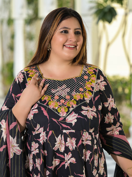 Black Cotton Embroidered Anarkali With Dupatta Set (Plus Size)