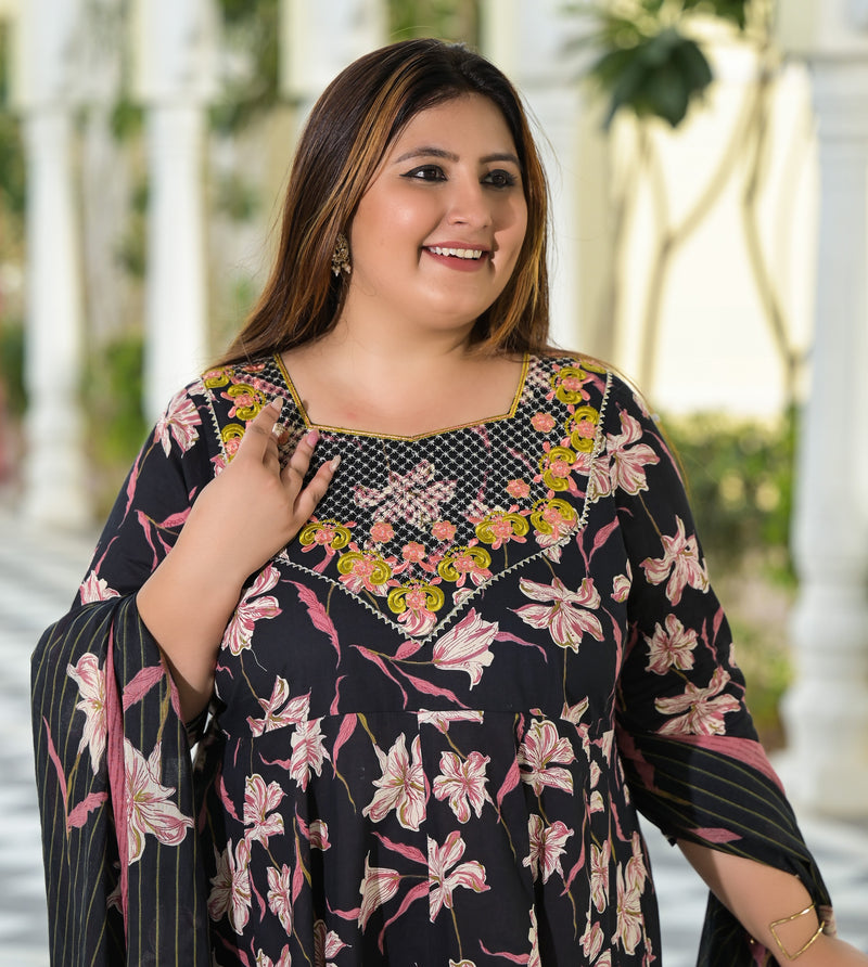 Elegant Black Cotton Embroidered Anarkali With Dupatta Set (Plus Size)