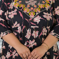 Black Cotton Embroidered Anarkali With Dupatta Set (Plus Size)