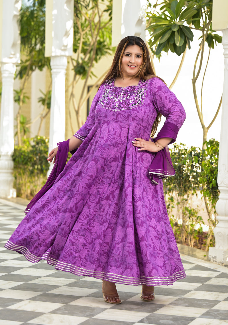 Violet Cotton Embroidered Anarkali With Dupatta Set (Plus Size)