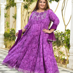 Violet Cotton Embroidered Anarkali With Dupatta Set (Plus Size)