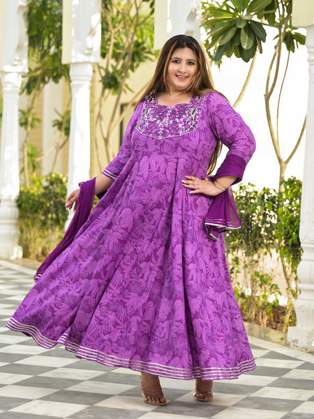 Elegant Voilet Cotton Embroidered Anarkali With Dupatta Set (Plus Size)