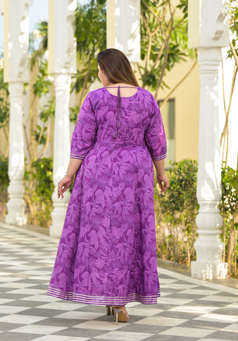 Elegant Voilet Cotton Embroidered Anarkali With Dupatta Set (Plus Size)