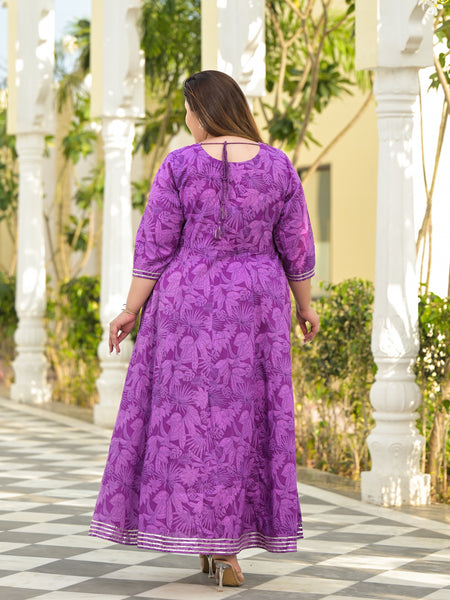Elegant Voilet Cotton Embroidered Anarkali With Dupatta Set (Plus Size)