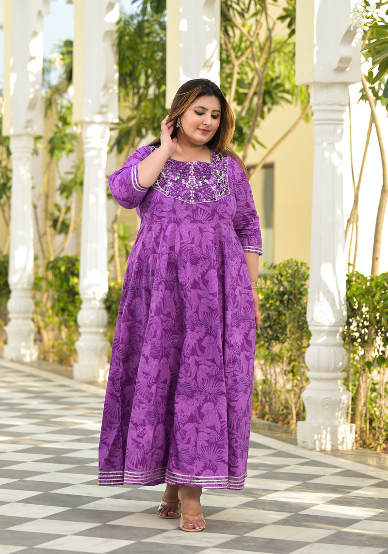 Violet Cotton Embroidered Anarkali With Dupatta Set (Plus Size)