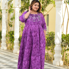 Violet Cotton Embroidered Anarkali With Dupatta Set (Plus Size)