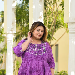 Elegant Voilet Cotton Embroidered Anarkali With Dupatta Set (Plus Size)