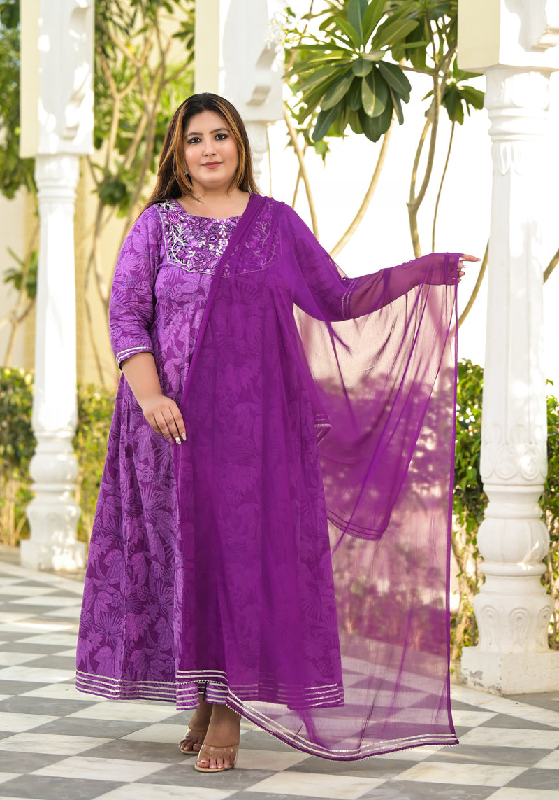 Violet Cotton Embroidered Anarkali With Dupatta Set (Plus Size)
