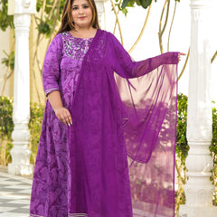 Violet Cotton Embroidered Anarkali With Dupatta Set (Plus Size)