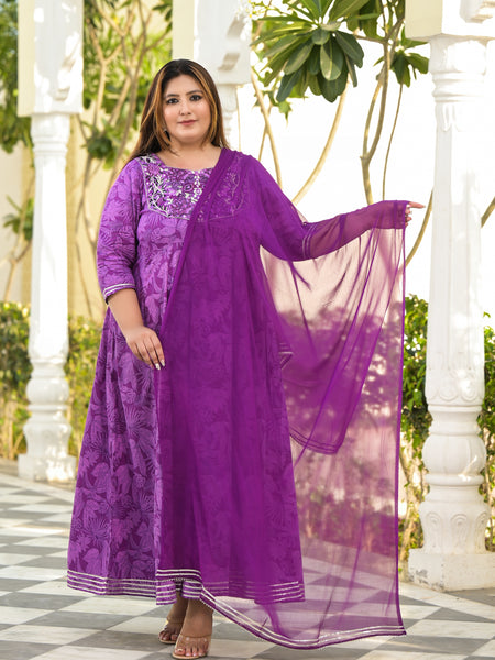 Elegant Voilet Cotton Embroidered Anarkali With Dupatta Set (Plus Size)