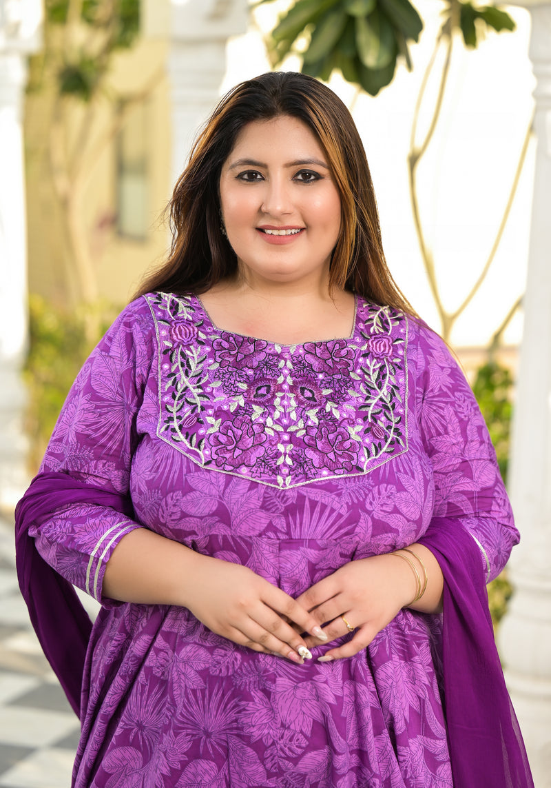 Elegant Voilet Cotton Embroidered Anarkali With Dupatta Set (Plus Size)