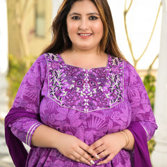 Elegant Voilet Cotton Embroidered Anarkali With Dupatta Set (Plus Size)