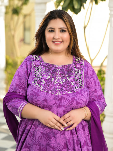 Elegant Voilet Cotton Embroidered Anarkali With Dupatta Set (Plus Size)