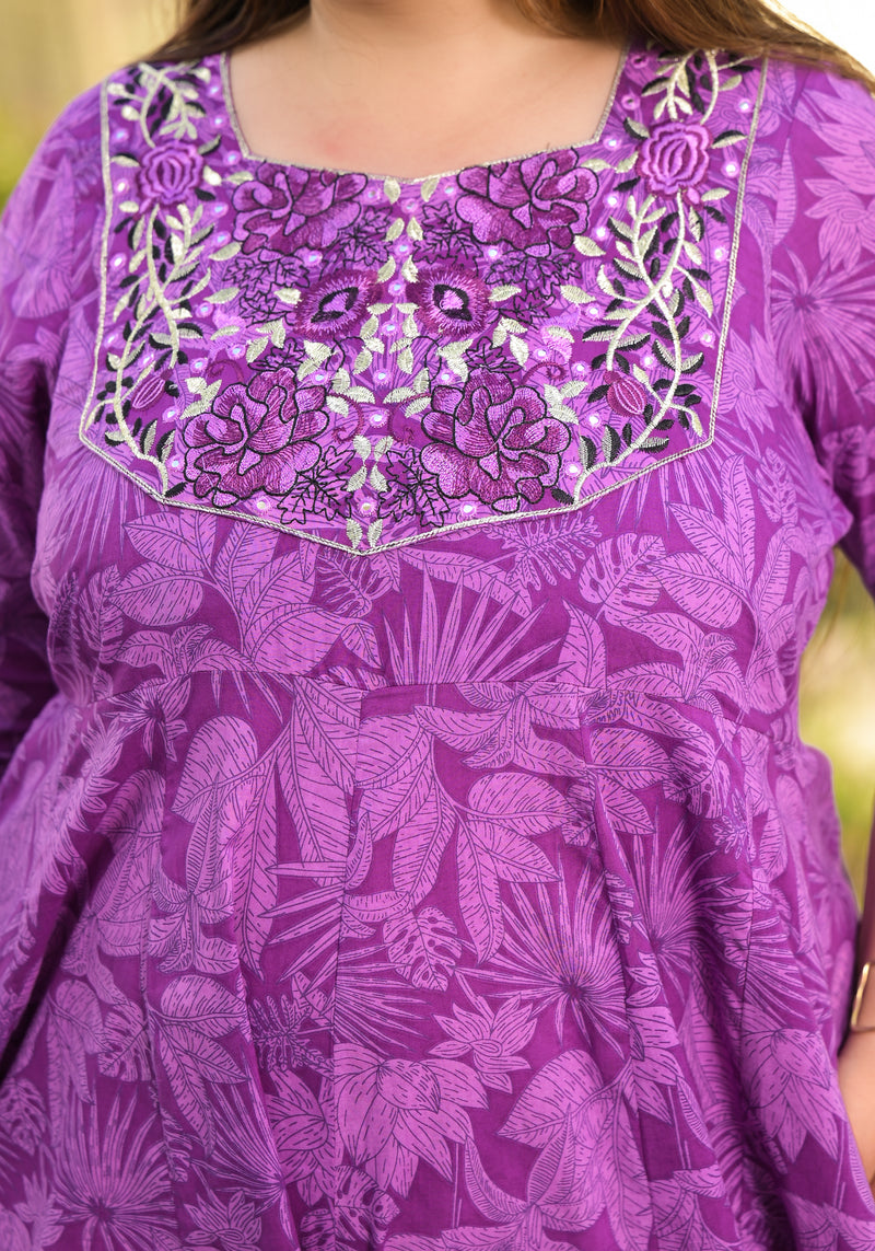 Elegant Voilet Cotton Embroidered Anarkali With Dupatta Set (Plus Size)