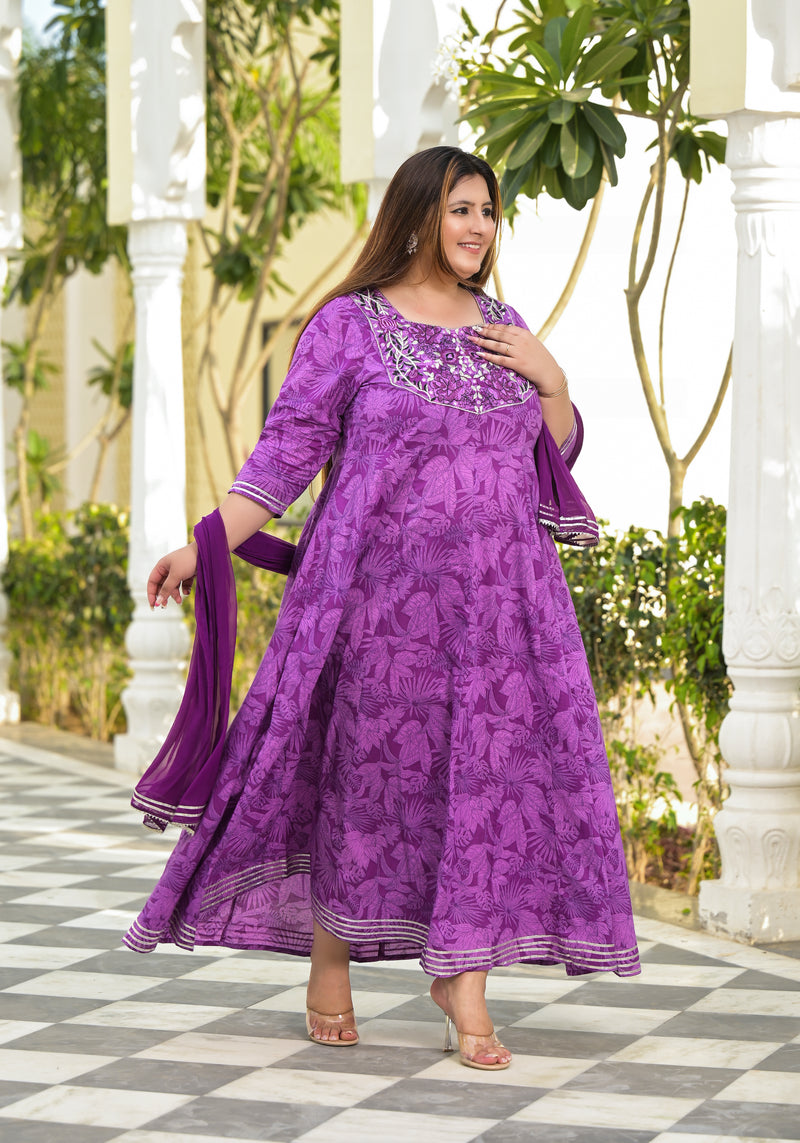 Violet Cotton Embroidered Anarkali With Dupatta Set (Plus Size)